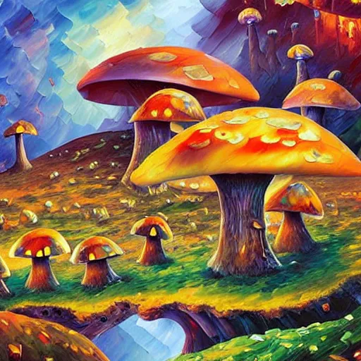 Image similar to mushroom village, art by james christensen, rob gonsalves, paul lehr, leonid afremov and tim white