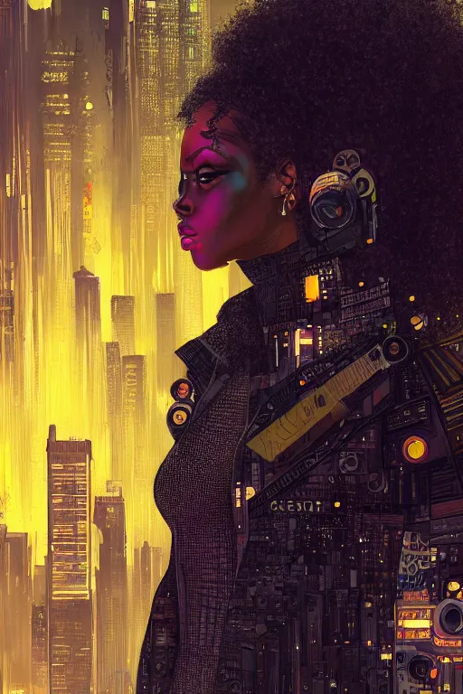 Image similar to a beautiful young Black woman, cyberpunk, Blade Runner city background, highly detailed, artstation, illustration, art by Gustav Klimt