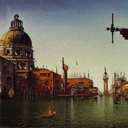 Prompt: beautiful painting of dieselpunk venice with decaying religious monuments alongside mechanical venetian automas in the style of Caspar David Friedrich