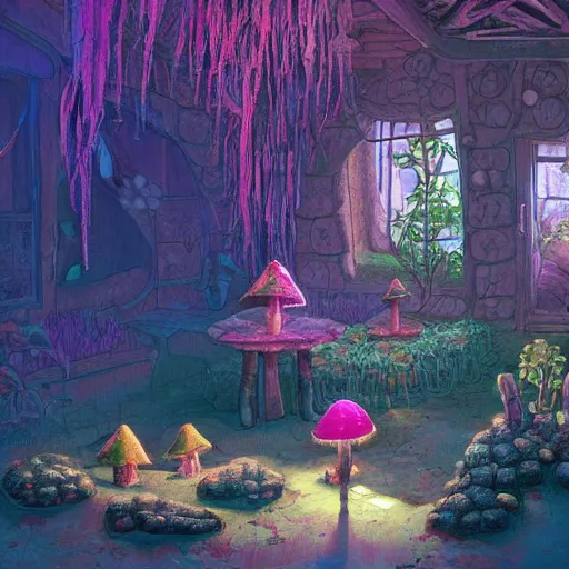 Image similar to concept art painting of a interior of a cozy alien fantasy cottage made of mushrooms and fungus, with black vines and magenta houseplants, blue and magenta light, realistic, detailed, cel shaded, dark, in the style of makoto shinkai and greg rutkowski and james gurney