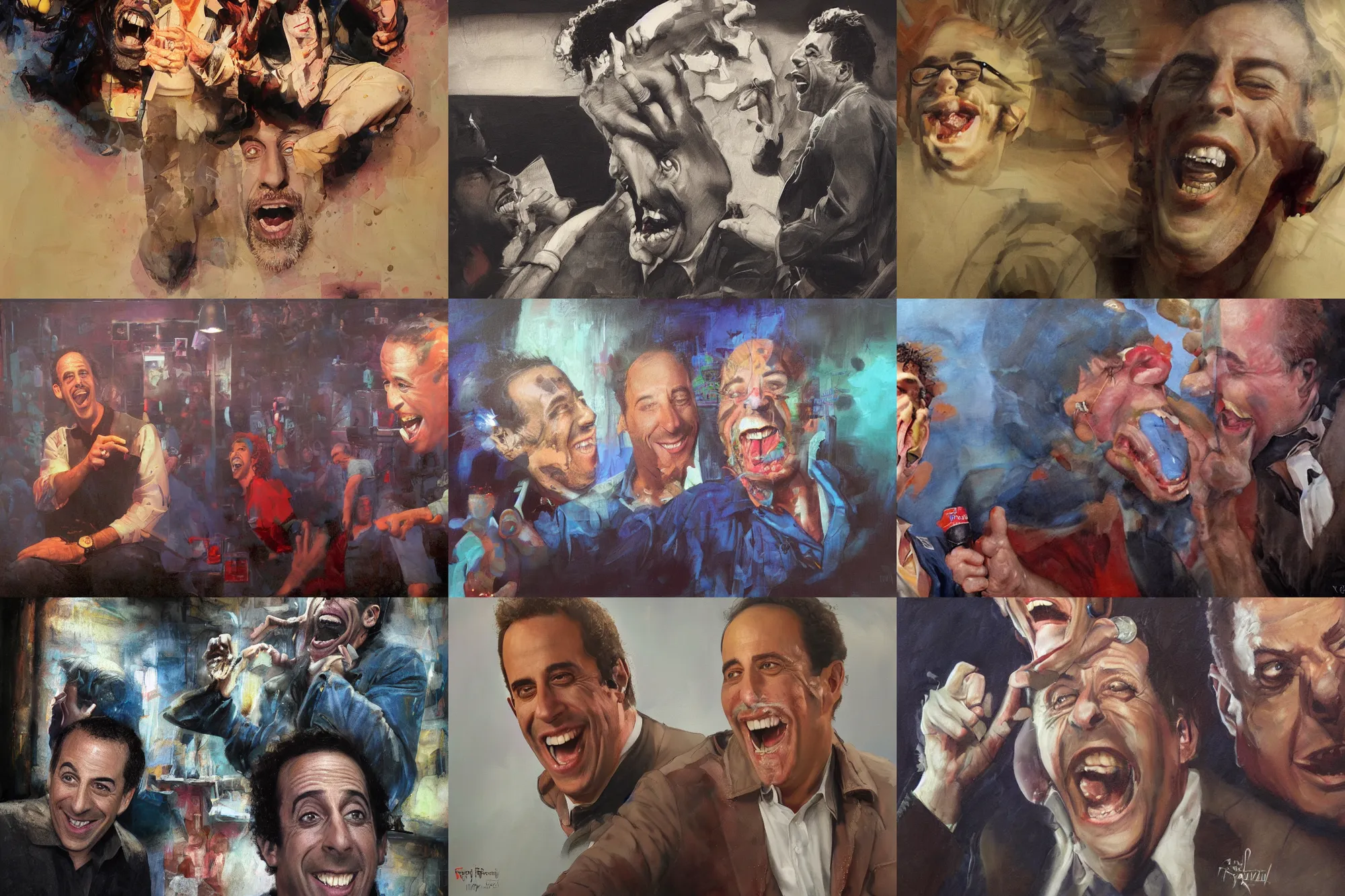 Prompt: a mixed media portrait painting of nineteen eighties jerry seinfeld laughing hysterically in a comedy club, hyperrealistic, detailed face, by frank frazetta, greg rutkowski, christian macnevin, wlop, krenz cushart, epic fantasy character art, volumetric lighting, cgsociety, exquisite detail, masterpiece, cinematic