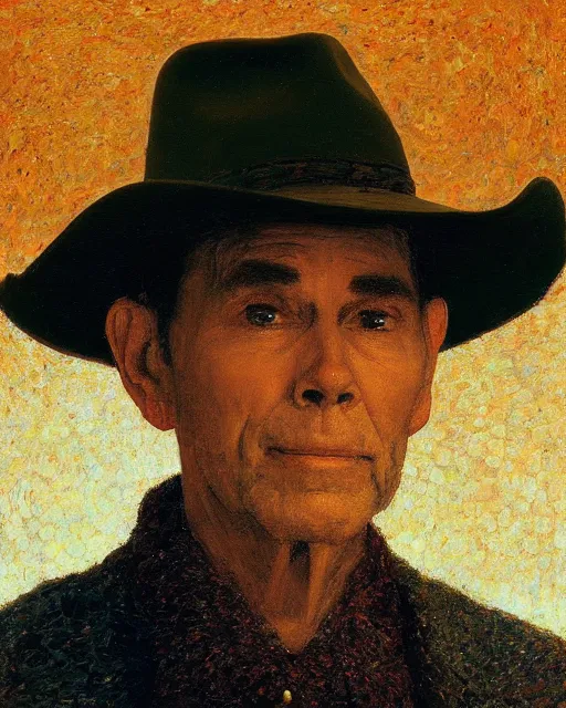 Prompt: portrait, Hank Williams Sr wearing hat, impasto, Jean-Leon Gerome, chuck close:7, carl spitzweg:7, cinematic light, full face, symmetrical face