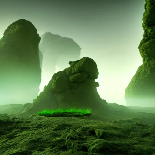 Image similar to chaosrealm with green mist, wasteland, floating rocks, cinematic, ray traced, octane render, cinematic lighting, ultrarealistic, featured on artstation, 8 k uhd artwork