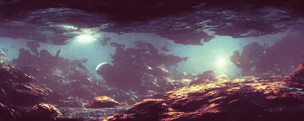 Prompt: ” underwater alien landscape, [ dark, lightshafts, cinematic, detailed, epic, widescreen, opening, establishing, mattepainting, photorealistic, realistic textures, octane render, art by slop and paul lehr ] ”