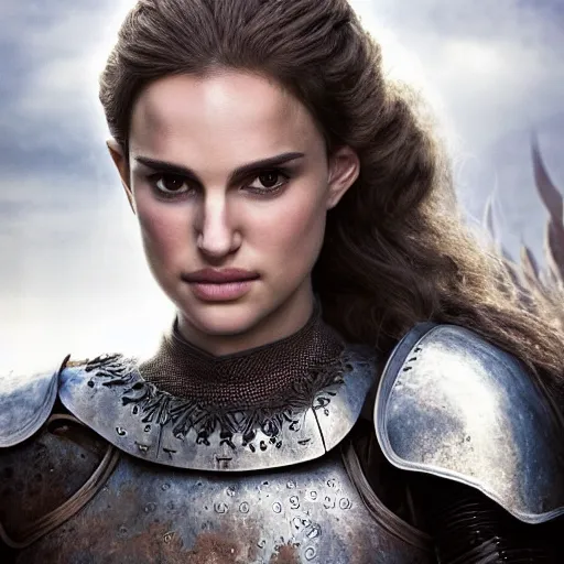 Prompt: head and shoulders portrait of a female knight, young natalie portman, armored, game of thrones, eldritch, by artgerm, alphonse mucha, silken hair, etched breastplate, sharp focus, high key lighting, vogue fashion photo