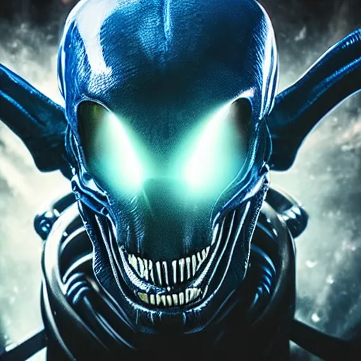 Prompt: a xenomorph looking menacingly at the camera, dramatic blue lighting