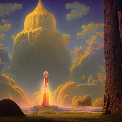 Image similar to a magical wizard in front of a big and mystical of a big and structured fantasy kingdom city, god rays, giant tree, portal to outer space Maxfield Parrish, digital art 8k, trending on artstation, anime, unreal engine