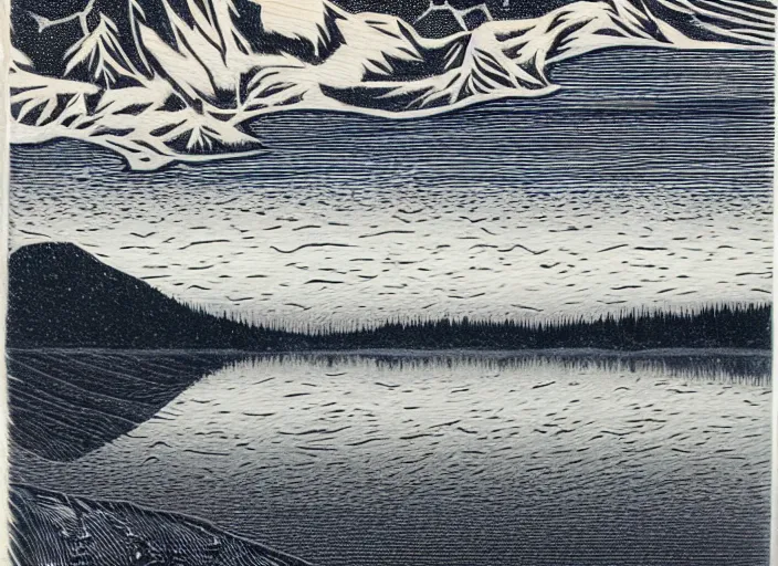 Prompt: an award winning Wood engraving on paper of The Canadian lakes