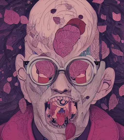 Prompt: portrait, nightmare anomalies, leaves with a gangster by miyazaki, violet and pink and white palette, illustration, kenneth blom, mental alchemy, james jean, pablo amaringo, naudline pierre, contemporary art, hyper detailed