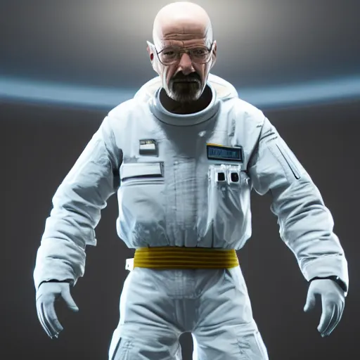 Image similar to 3 d render of walter white wearing shorts in space, 4 k image, space themed, unreal engine