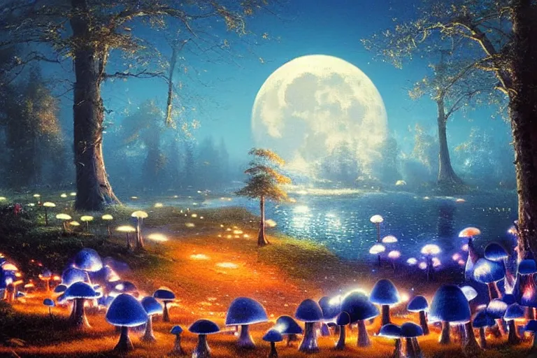 Prompt: moon night; Landscape of giant glowing mushrooms mushrooms, glowing blue By Greg Rutkowski, Thomas Kinkade Cold light, lake