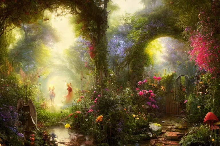 Prompt: gateway to fairyland, fireflies, mushrooms, multicoloured flowers, the secret garden. the hidden garden. private garden. andreas achenbach, artgerm, mikko lagerstedt, zack snyder, tokujin yoshioka