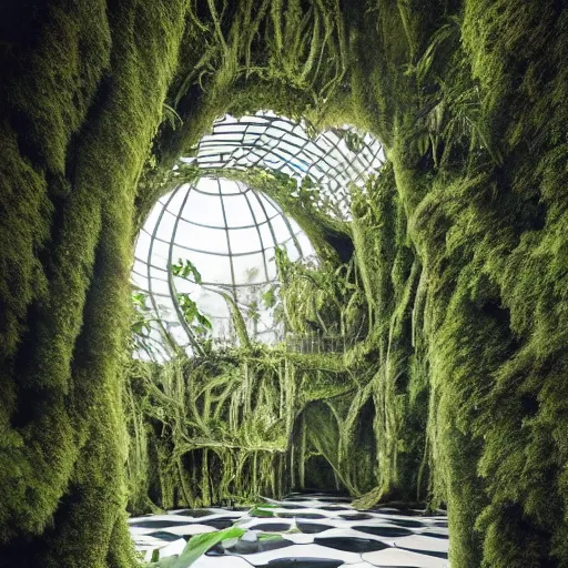 Image similar to a dream about opulent, abandoned overgrown futuristic mansion designed by Zaha Hadid, lush plants growing through the floors and walls, walls are covered with moss and vines, beautiful, dusty, golden volumetric light shines through giant broken windows, golden rays fill the space with warmth, rich with epic details, dreamy atmosphere and drama