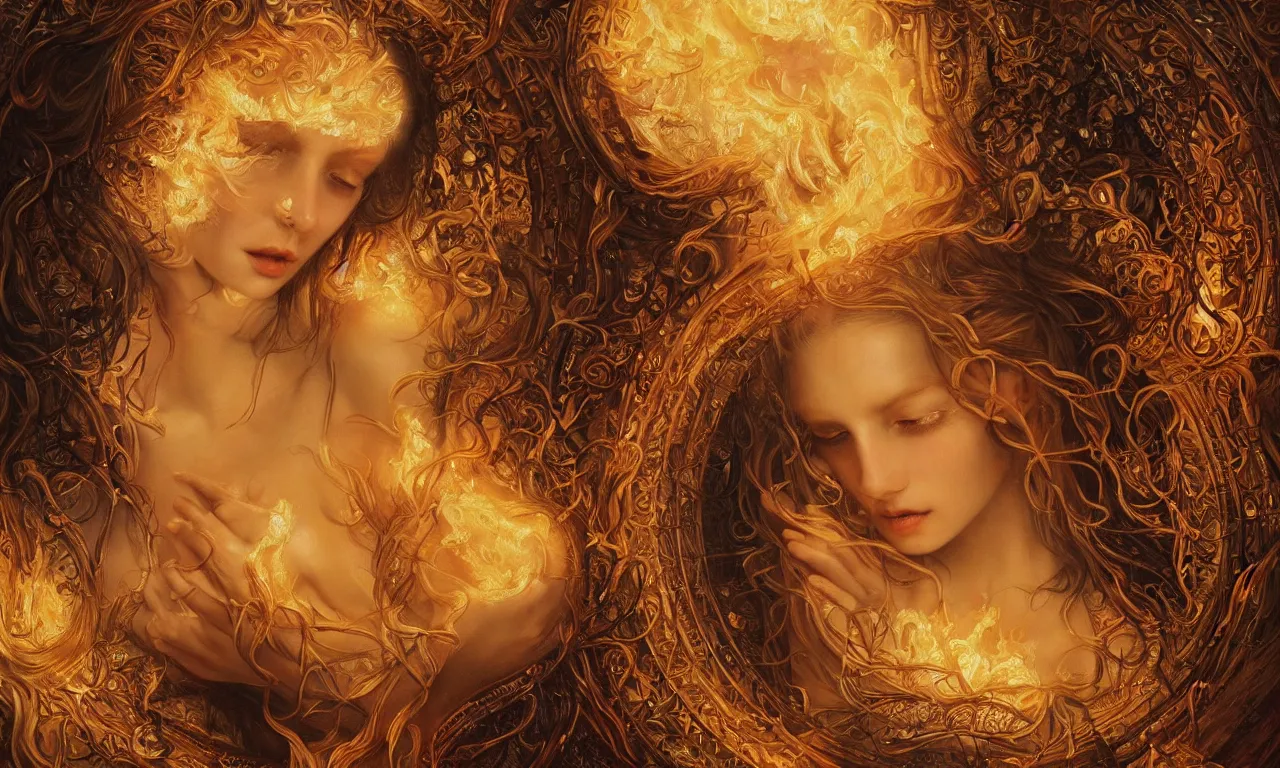 Prompt: ultra realist breathtaking detailed soft painting of a beautiful full shot fire bride, a circle of light around her head, long fire hair and dress of fireflies, symmetrical facial features, christian saint in the middle of a stained glass of flames, intricate art nouveau frame, by Tom Bagshaw, wlop, trending on artstation