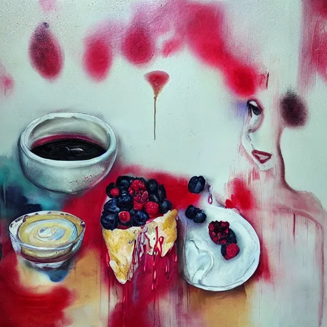 Image similar to “ sensual, neo - expressionism, surrealism, a portrait in a female art student ’ s apartment, pancakes, berries, art supplies, a candle dripping white wax, berry juice drips, acrylic and spray paint and oilstick on canvas ”