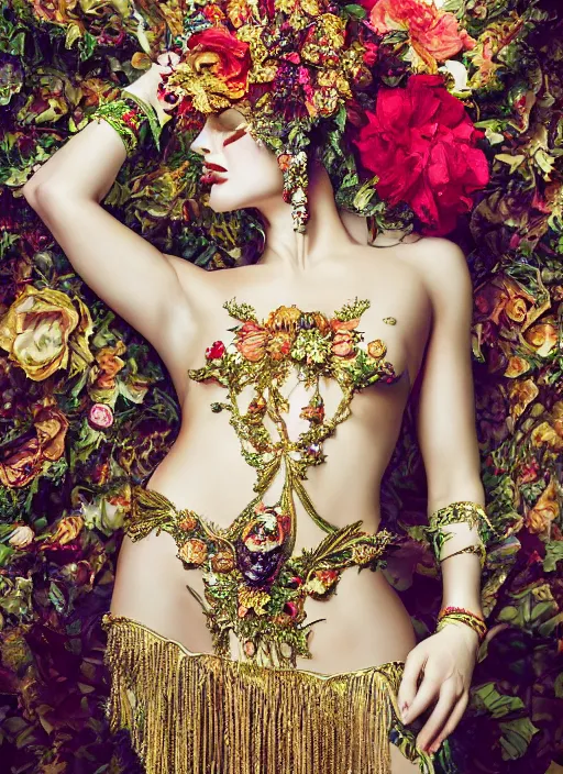 Prompt: expressive full body photo of a female model, ornate headpiece made from flowers, ornaments, glamour shot, by karol bak, by stefan gesell, photorealistic, canon r 3, fashion photography, hyper maximalist, elegant, ornate, luxury, elite, environmental portrait, symmetrical features, octane render, unreal engine