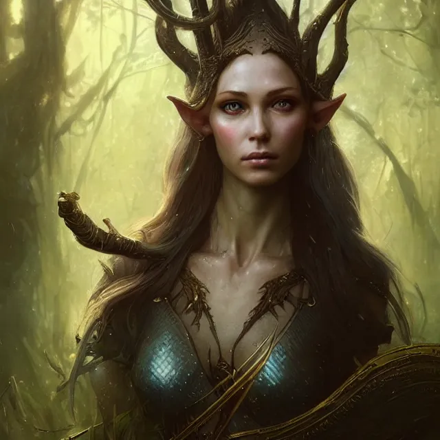 Image similar to close up portrait of a beautiful female elven warrior, magical forest background fantasy atmosphere. art by greg rutkowski. highly detailed, intricate, lifelike. sci - fi, fantasy, magical, nikon d 8 5 0.