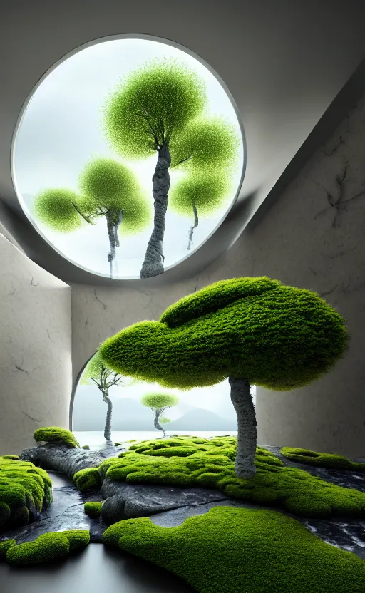 Prompt: highly detailed ultra sharp villa natural light interior soft cinematic cellular composition of a smooth ceramic porcelain biomorphic magnolia stone nebula fluid sci - fi surreal architecture landscape, furniture, granite, trees, marble, moss, lichen, fungi, vincent callebaut composition, mamou - mani, archviz, 8 k, unreal engine, hdr