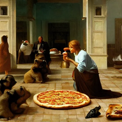 Prompt: pizza coming out of oven to shame mankind, 1 8 9 6 painting by jean - leon gerome, oil on canvas