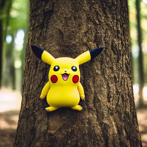 Prompt: high quality photo of pikachu hiding behind a tree, photography 4k, f1.8 anamorphic, bokeh, 4k, Canon, Nikon