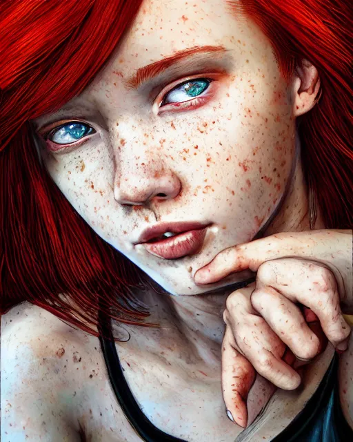 Image similar to portrait of 1 4 - year - old girl with flaming red hair, a lot of freckles, and bright brown eyes, wearing shirt, hyper realistic face, beautiful eyes, character art, art by mark brooks, hyperdetailed, cryengine, trending on artstation, digital art