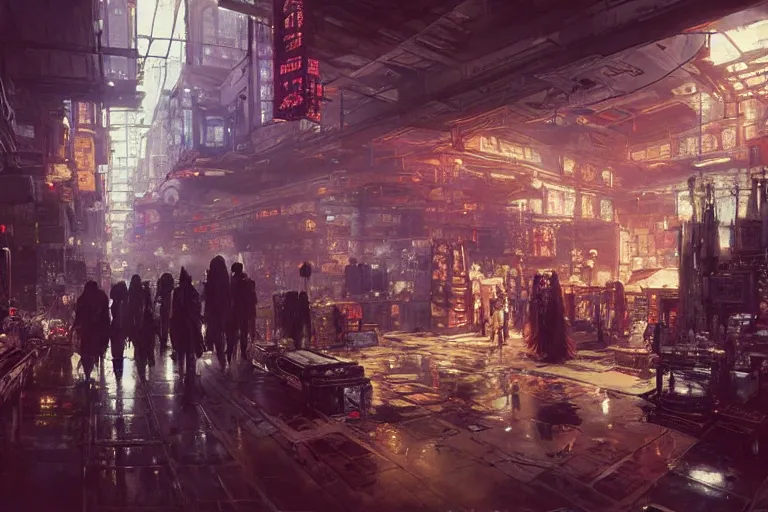 Image similar to cyberpunk market interior, intricate, elegant, highly detailed, john park, craig mullins, sparth, ruan jia, jeffrey catherine jones