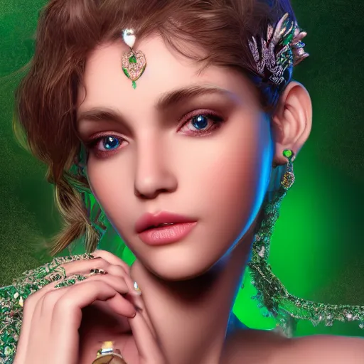 Image similar to wonderful princess with smooth fair skin, alluring eyes, green jewelry, breathtaking, elegant, intricate, hyper detailed, accent lighting, 4 k glamour photography, octane render