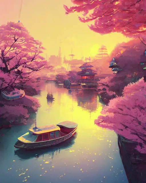 Prompt: a houseboat on the river | cherry - blossoms | highly detailed | very intricate | serene romantic fantasy whimsical magical | professional cinematic lighting | bokeh | dusk | studio ghibli | award - winning | matte painting by anton fadeev and paul lehr and rhads and alena aenami | pastel color palette | featured on artstation