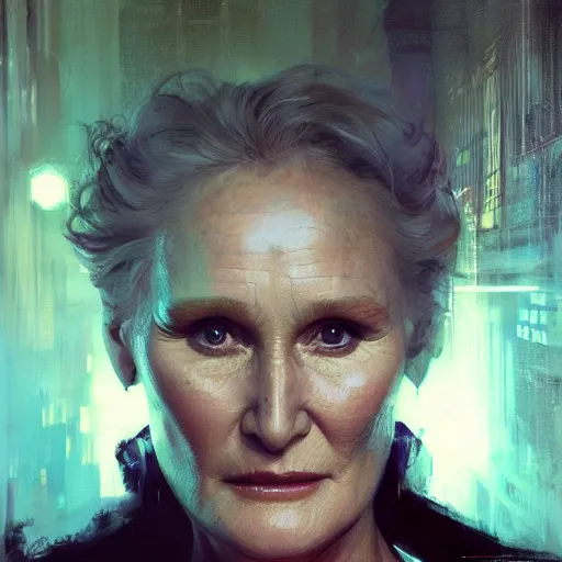 Image similar to glenn close, hyperrealistic portrait, bladerunner street, art of elysium by jeremy mann and alphonse mucha, fantasy art, photo realistic, dynamic lighting, artstation, poster, volumetric lighting, very detailed face, 4 k, award winning