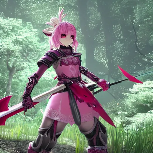 Image similar to a anime girl dressed in a pink knight armor fights a huge red dragon in the deep forest, smiling girl with a sword, highly detailed, intrusion fantasy, unreal engine