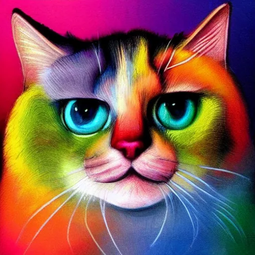 Prompt: portrait friendly cute happy stylish realistic rainbow cat. background in the style of art nouveau. lively. colorful. hd.