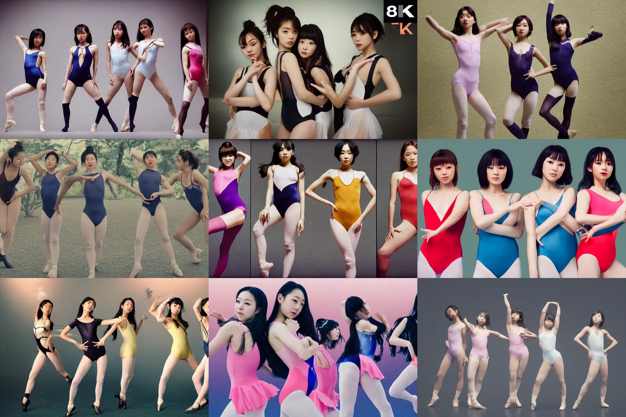 Image similar to unbelievably beautiful, perfect, dynamic, epic, cinematic 8 k hd movie shot, three japanese beautiful cute young j - pop idols actresses girls, posing together in leotards. motion, vfx, inspirational arthouse, high budget, hollywood style, at behance, at netflix, with instagram filters, photoshop, adobe lightroom, adobe after effects, taken with polaroid kodak portra