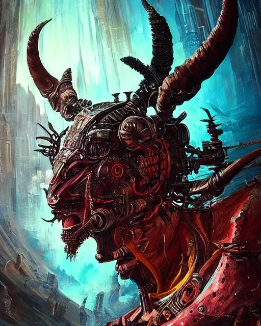 Image similar to a painting of a demon with large horns, cyberpunk art by Android Jones, zbrush central contest winner, fantasy art, apocalypse art, detailed painting, intricate