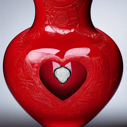 Prompt: a vase in the shape of a heart with red accents designed by versace