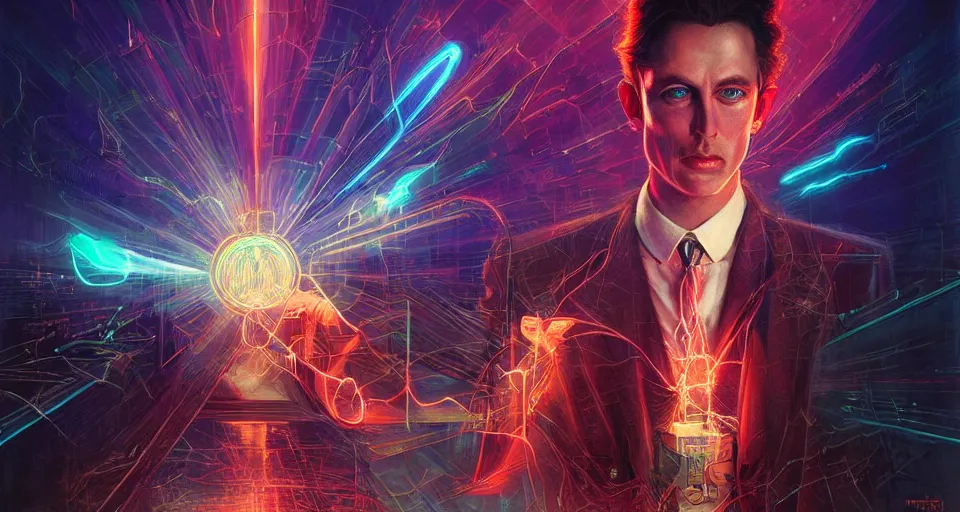 Image similar to nikolai tesla is caressed by bolts of electricity, digital art, intricate, dramatic lighting, neon colors, cinematic, holographic runes, art by tom bagshaw, artgerm, rutkowski