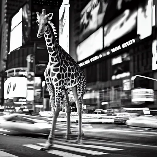 Image similar to a still of a giraffe stand in the intersection at times square. motion blur