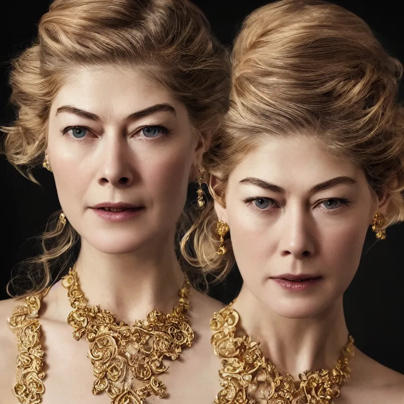Image similar to gorgeously dreamlike beautiful face Rosamund Pike, hair updo, balayage, natural make-up, luxurious ornate golden jewelry, earrings, low cut dress, dynamic lighting, award winning photo shoot, intricately detailed, glimmering, shining, photo realistic, cinematic, volumetric lighting, fashion portrait, 8K UHD