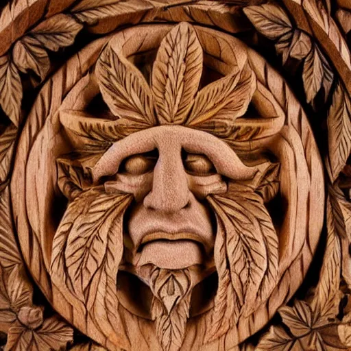 Image similar to deeply carved and stained, highly detailed wood carving depicting the face of the marijuana green man, as if made of obvious cannabis fan leaves, resting in a bed of real cannabis leaves