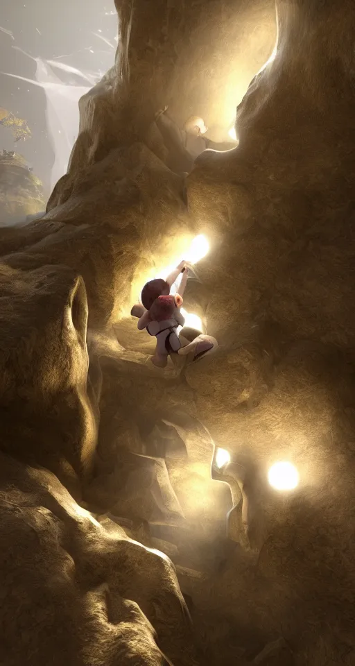 Prompt: A young blonde boy climbing out of a cave well, fantasy, magical lighting ,luminosity octane render, unreal engine, 4k, 8k, detailed, realistic, Pixiv Trending