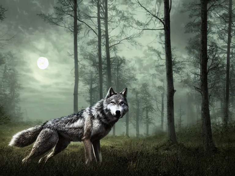 Image similar to A wolf with features of a crocodile, moody lighting, yellowish full moon, pinewood forest, realistic, photorealistic art done in photoshop