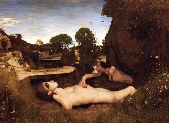 Prompt: looking into rocking hole in the ground. 2 0'down a tranquil pond and a sandy beach are visible. edgar maxence and caravaggio and michael whelan and delacroix style, artistic, intricate painting, cinematic lighting, hyper realistic, extremely detailed, vivid colors, establishing shot, dramatic lighting