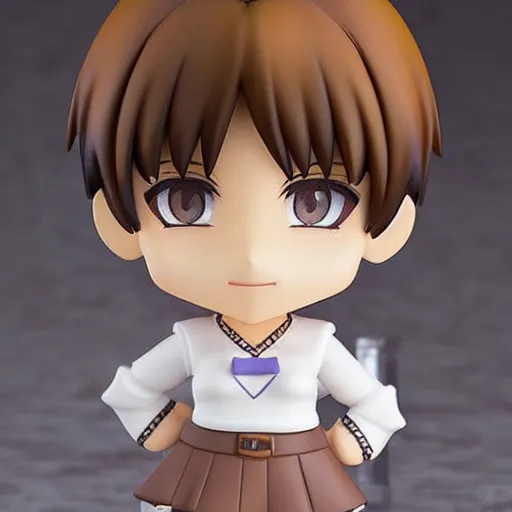 Image similar to nendoroid of a white girl with brown short hair, brown eyes, thick eyebrows