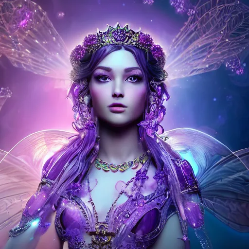 Prompt: ! dream portrait princess of amethyst, glowing, ornate and intricate purple jewelry, jaw dropping beauty, glowing background lighting, purple accent lighting, hyper detailed, fairy tale, 4 k octane render