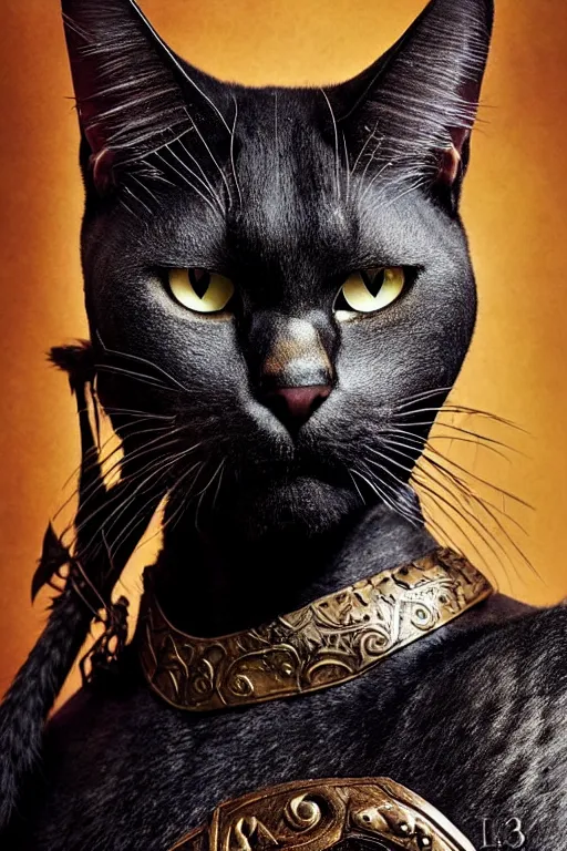 Image similar to head and shoulders portrait of a warrior, tabaxi, black cat, male, breastplate, magical, high fantasy, d & d, by annie liebovitz, face details, extremely detailed, vogue fashion photo