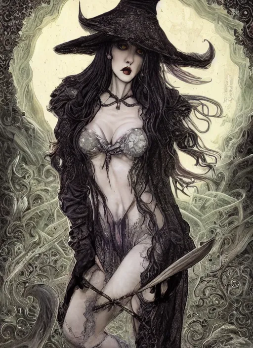 Prompt: painting of alluring witch in the haunted house, detailed face, messy black hair, skintight robes and leggins, hat, silver accessories, high fantasy, dnd, smooth, sharp focus, award - winning, masterpiece, extremely detailed, intricate, art by rebecca guay, rossdraws, magali villeneuve