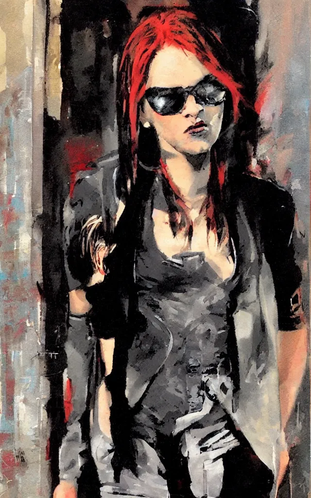 Prompt: full body portrait of an androgynous glam rocker outside cbgb in the style of phil hale, sfumato