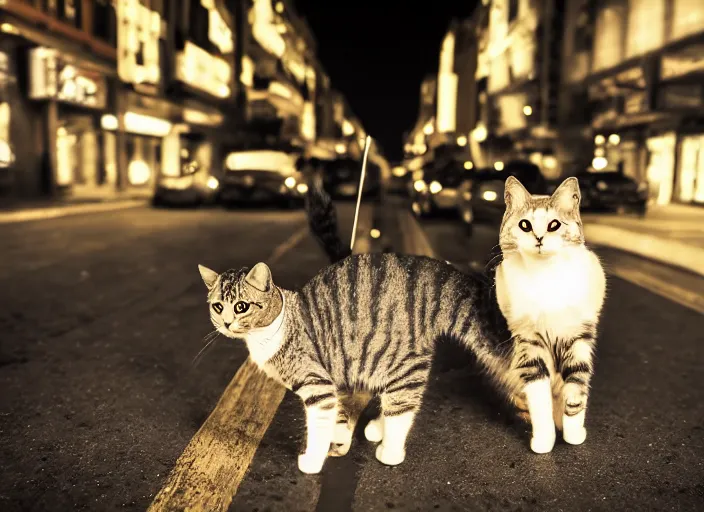 Image similar to photography of a Cat being carried in an half open backpack . in a new york street. award winning photo, led lighting, night, 130mm, sharp, high res