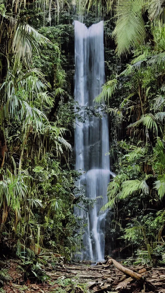 Prompt: 1980s magazine photo of a waterfall in a decaying abandoned mall, with interior potted palm trees, dappled sunlight, faded colors