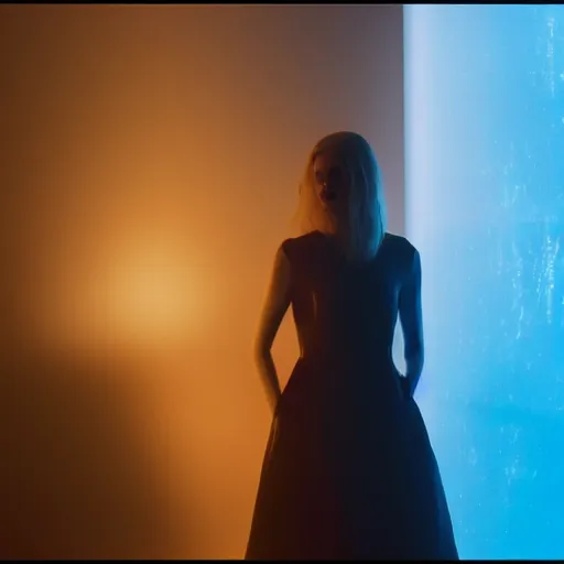 Prompt: silhouette of a Elle Fanning, pitch black room, extremely detailed masterpiece, oil on canvas, low-key neon lighting, artstation, Blade Runner 2049, Roger Deakin’s cinematography, by Whyn Lewis,