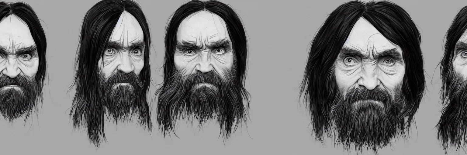 Prompt: character study of charles manson and iggy pop, clear faces, wild, crazy, character sheet, fine details, concept design, contrast, kim jung gi, pixar and da vinci, trending on artstation, 8 k, full body and head, turnaround, front view, back view, ultra wide angle